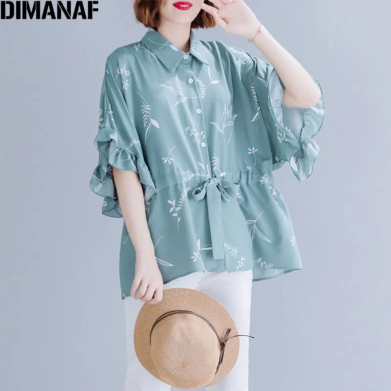 

DIMANAF Plus Size Women Chiffon Blouse Shirt Female Lady Top Tunic Ruffles Loose Big Size Floral Print Summer Casual Clothes 5XL