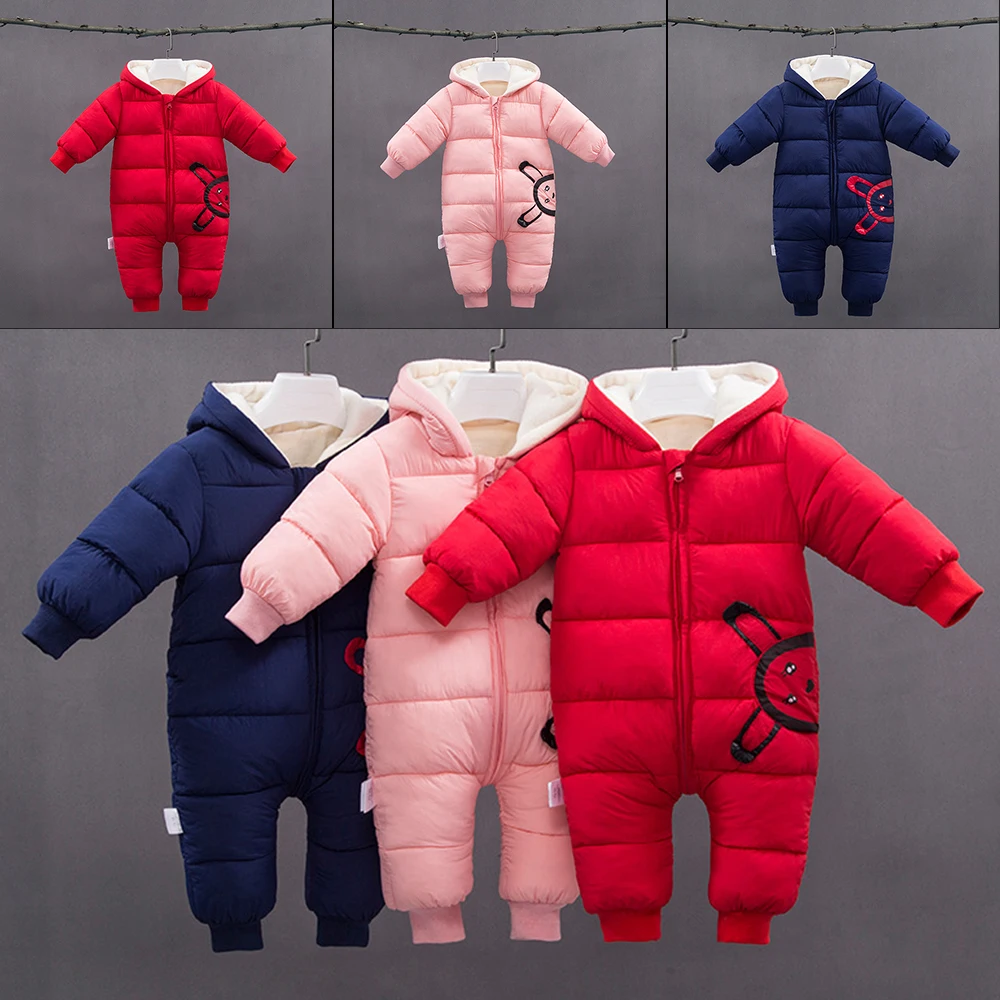 Baby Winter Overalls Children Snowsuit Cotton Warm Winter Hooded Solid