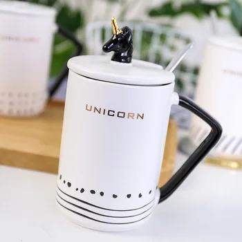

500ml Gold unicorn Mug cartoon with lid spoon ceramic mugs matte cup kitten coffee children cup office Drinkware gift
