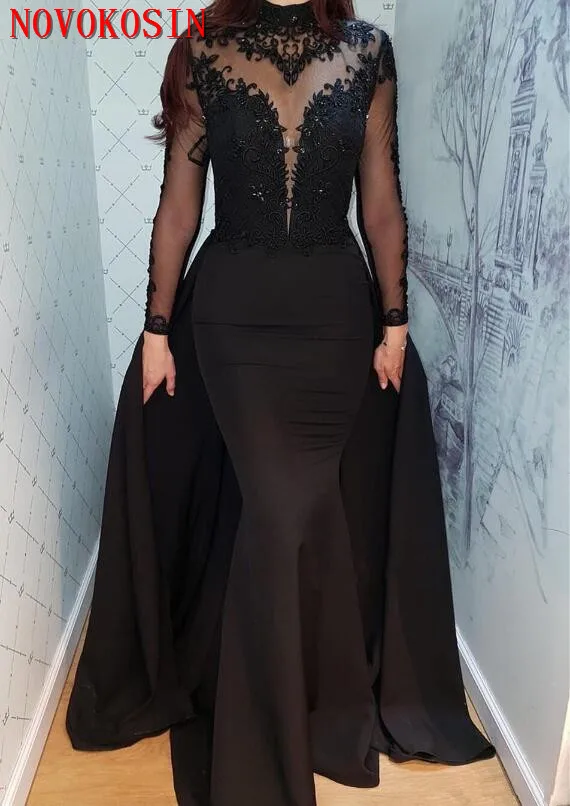 

Современное прозрачное вечернее платье 2019, черное кружевное вечернее платье с длинным рукавом, вечернее платье со съемным шлейфом, Платья для особых случаев