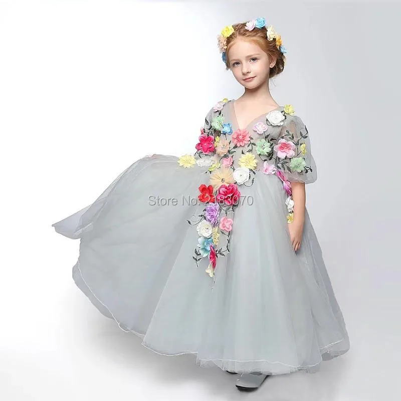 New Coming V-Neck Short Sleeve A-Line Flower Girls Dresses Flowers Adorned Princess Cinderella or Kids Child Birthday Gowns