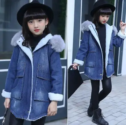 

Children Girls Denim Jacket Fur Collar Hooded Denim Outerwear Kids Winter Thick Warm Fleece Cowboy Jacket for Girls 6 8 10 12 Y