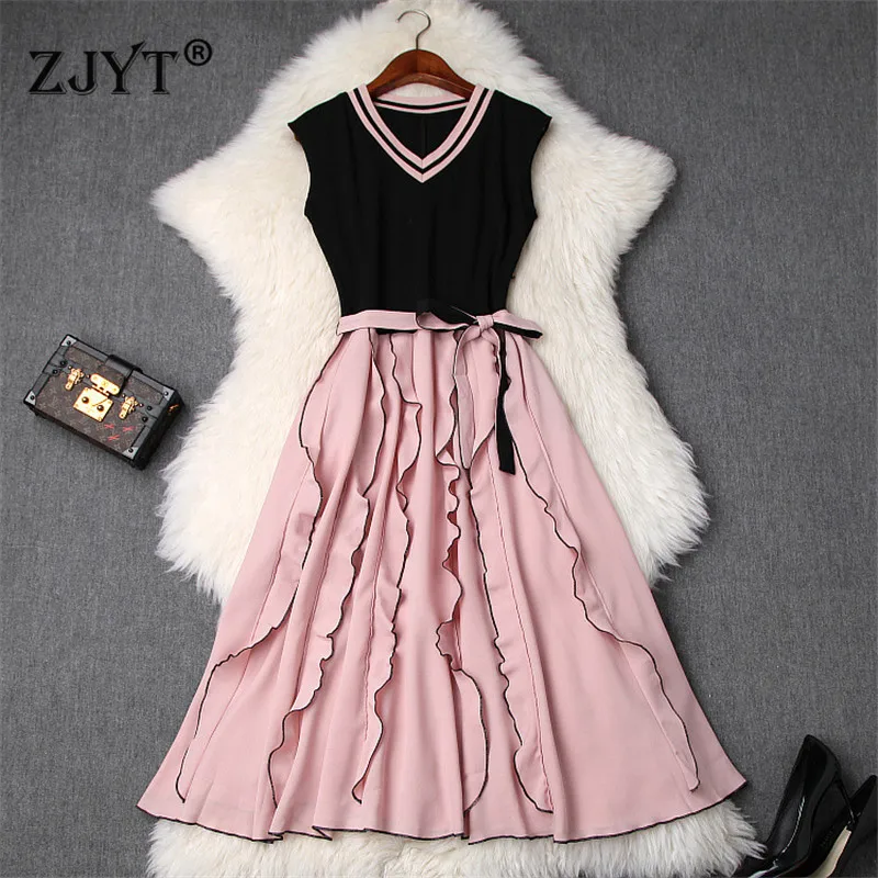 

Fashion Designer Summer Dress for Women 2019 New Elegant Sleeveless V Neck Ruffles Lace Up Chiffon Dress Casual Vestidos