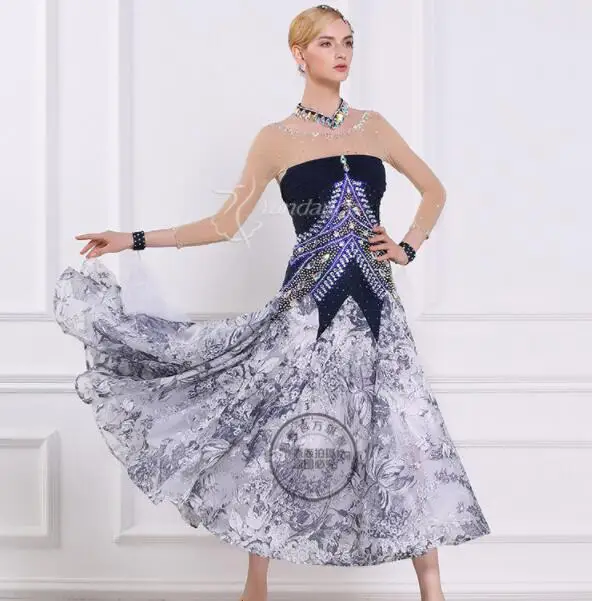 customized grey flower print ballroom dance dress adults women ballroom waltz dresses standard