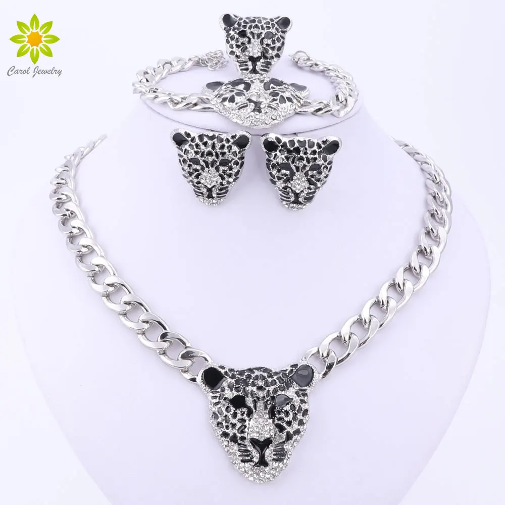 

Cool Leopard Head Bracelet Earrings Ring Necklace Set For Women Trendy Silver Plated Costume African Jewelry Sets With Rhineston