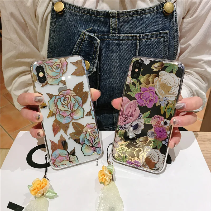

For iphone XS MAX X 7 8 plus XR 6 6s plus case cover luxury laser flower floral strap transparent tpu+pc hard phone bag Hongmeng