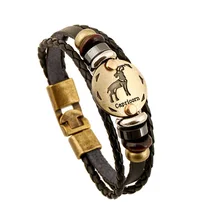 Fashion Bronze Buckles 12 Constellation Capricorn Bracelet Punk Leather Bracelets Wooden Bead Jewelry For Men Women Charm B11