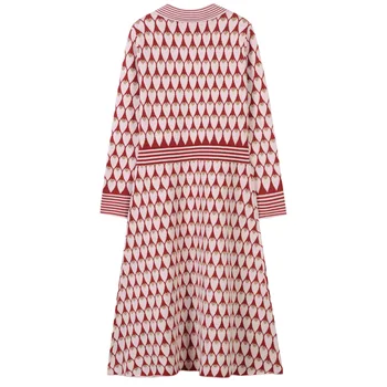 

2019 Autumn New Fashion Women Dress Retro Lapel Golden Thread Jacquard Sweater Knitted Dresses Turn Down Collar A-line