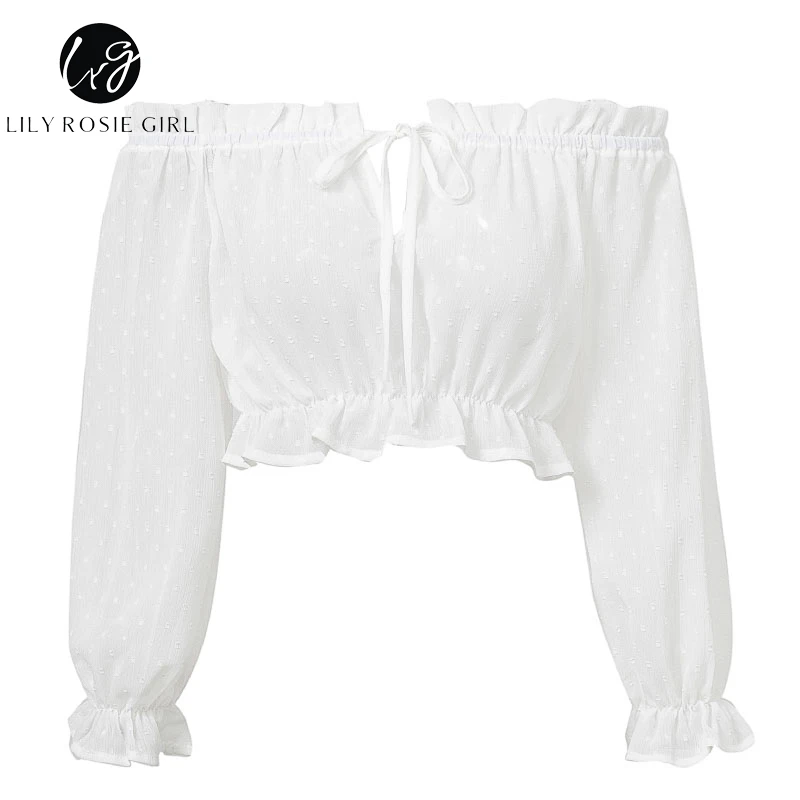 Lily Rosie Girl Off Shoulder White Women Blouse Shirt Solid Long Sleeve Short Blouse High Street See Through Club Sexy Crop Top