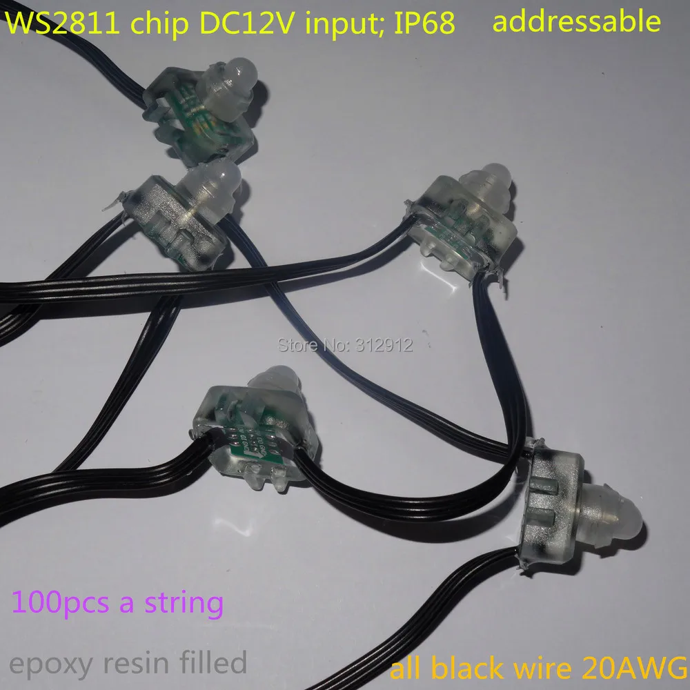 DC12V WS2811 светодиодный смарт-строка, адресуемых, со всеми черный провод, IP68 Номинальная; заполнение эпоксидной смолой; 100 шт. нитке