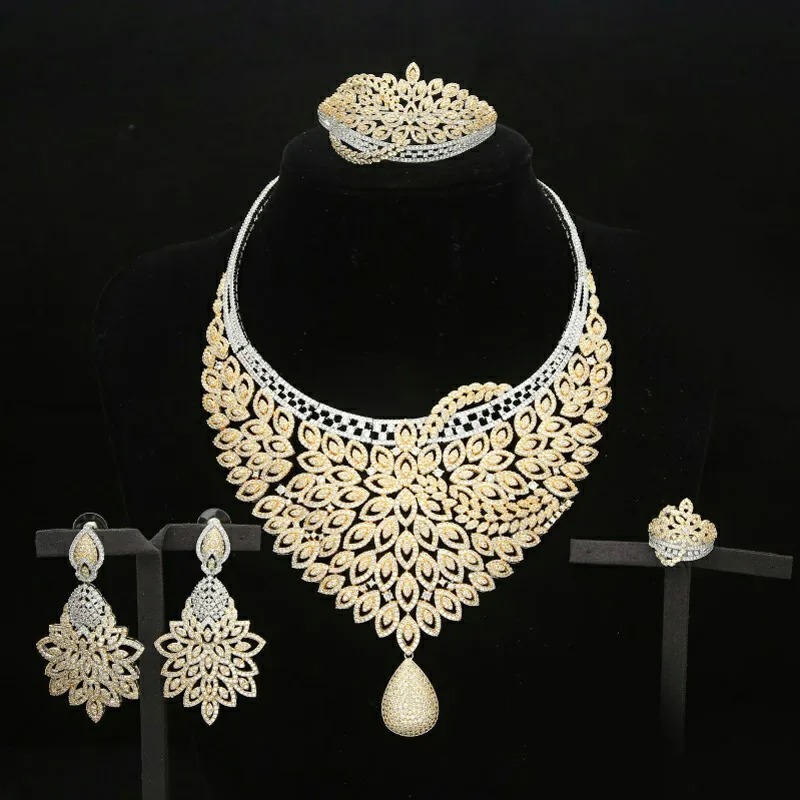 BIG Luxury Gold/Silver 4PCS Nigerian Necklace Jewelry Sets For Women