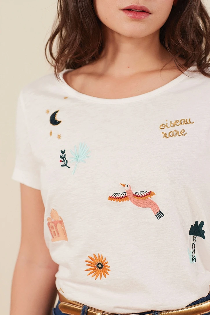 

Women T-shirt 2019 Summer pink flower bird Embroidery Short Sleeve T shirt