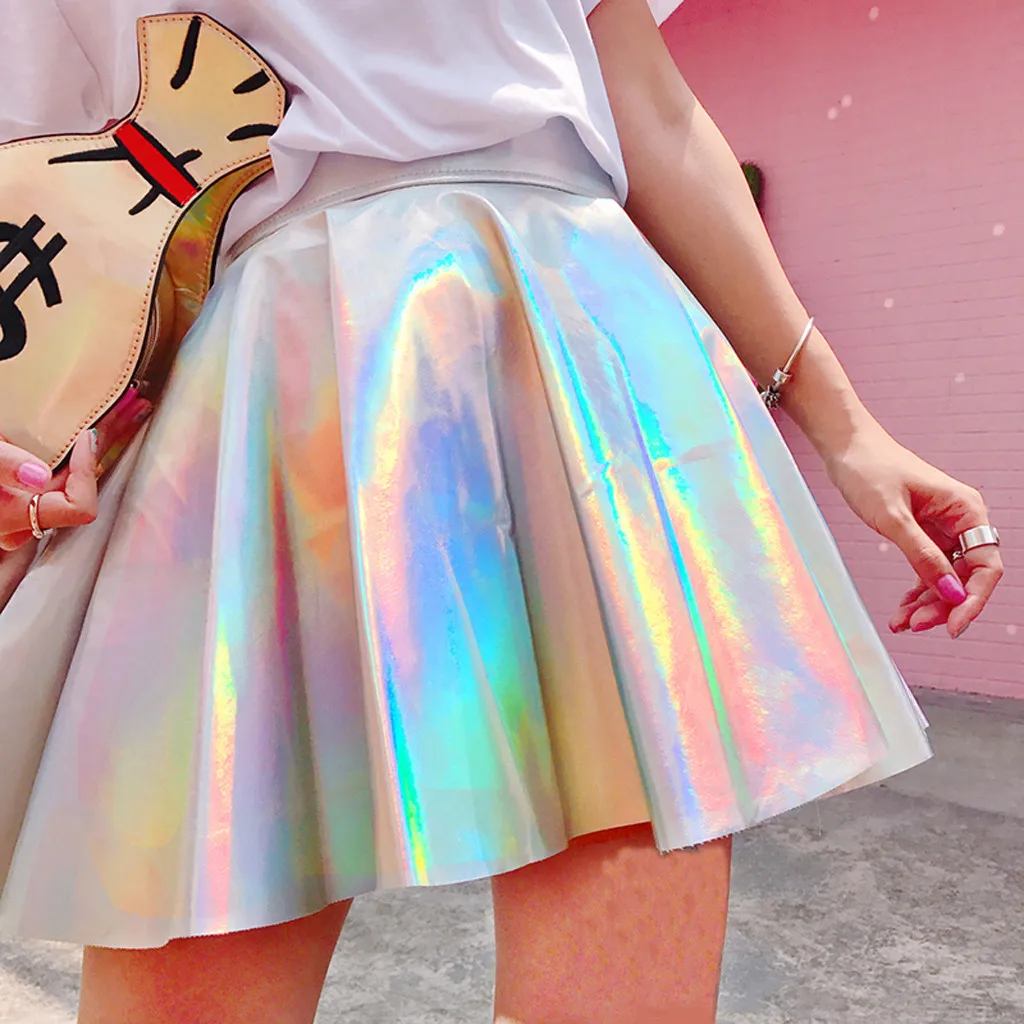 

Women Solid Holographic Pleated Reflective Sexy Skirts Sexy High Waist Mini Short Bling Skirts
