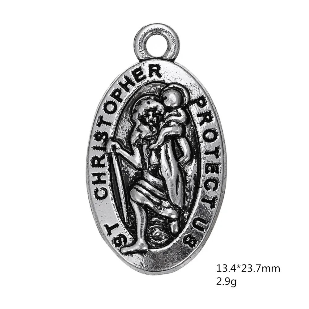 10pcs/lot Saint Christopher Protect Us Word Engraved Religious Design Round/Oval Charm For DIY Necklace