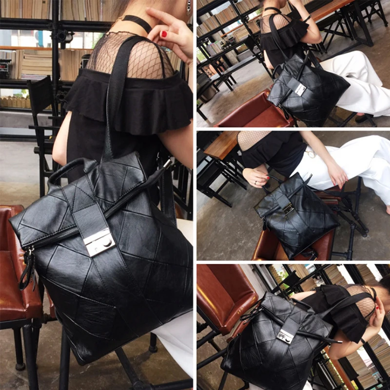 

JIANXIU PU Leather Female Backpack Uxurious Design Black Soft Backpack