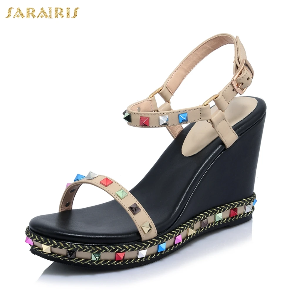 

SARAIRIS Brand New Luxury Sexy Rivets Genuine Leather Sandals Women Shoes Woman Summer Wedges High Heels Leisure Sandal