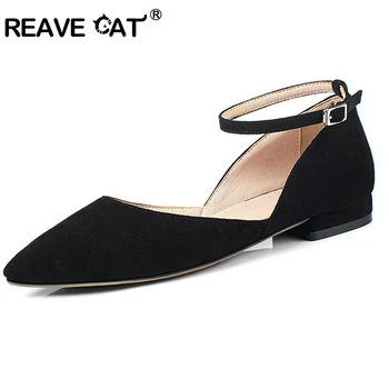 

REAVE CAT 2019 New Spring summer Women's flats Boat shoes Buckle Pointed toe Flock Fashion Solid Casual Black Yellow Grey A1729