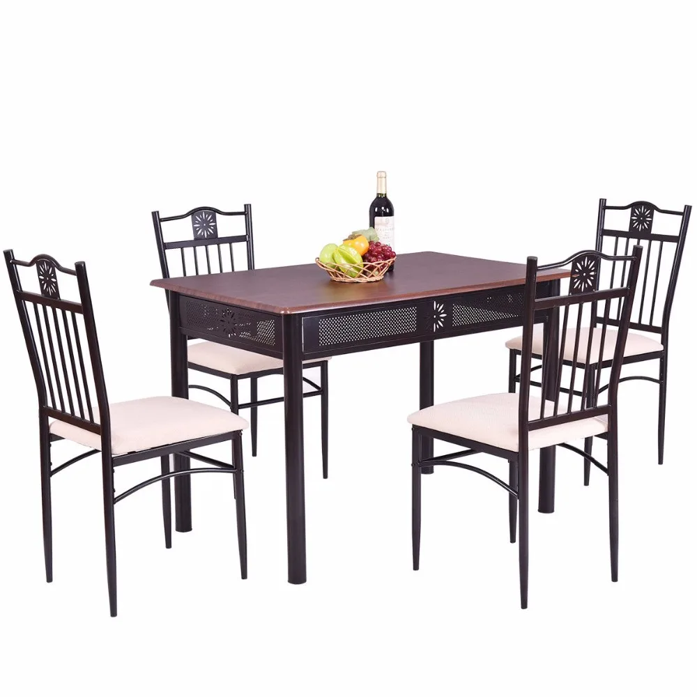 Goplus 5 Piece Kitchen Dining Set Wood Metal Table and 4 Chairs Kitchen Breakfast Modern Dining Room Furniture Set HW56524