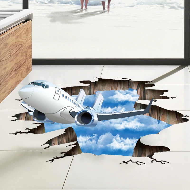 3D летательный аппарат разбитая Настенная Наклейка на пол водонепроницаемая голубое небо белая Наклейка Настенная «облака» для ванной комнаты детская комната Домашний декор художественная роспись