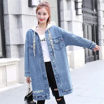 

women clothes 2019 Women Hooded Casual Long Sleeve Denim Jacket Long Jean Coat Outwear Overcoat plus size dropshipping C131