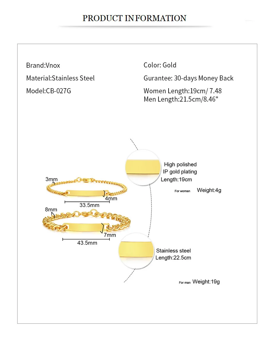 Vnox золотой тон ID тег браслет для женщин и мужчин на заказ гравировка имя любовь Дата нержавеющая сталь Promise pulseira пара подарки