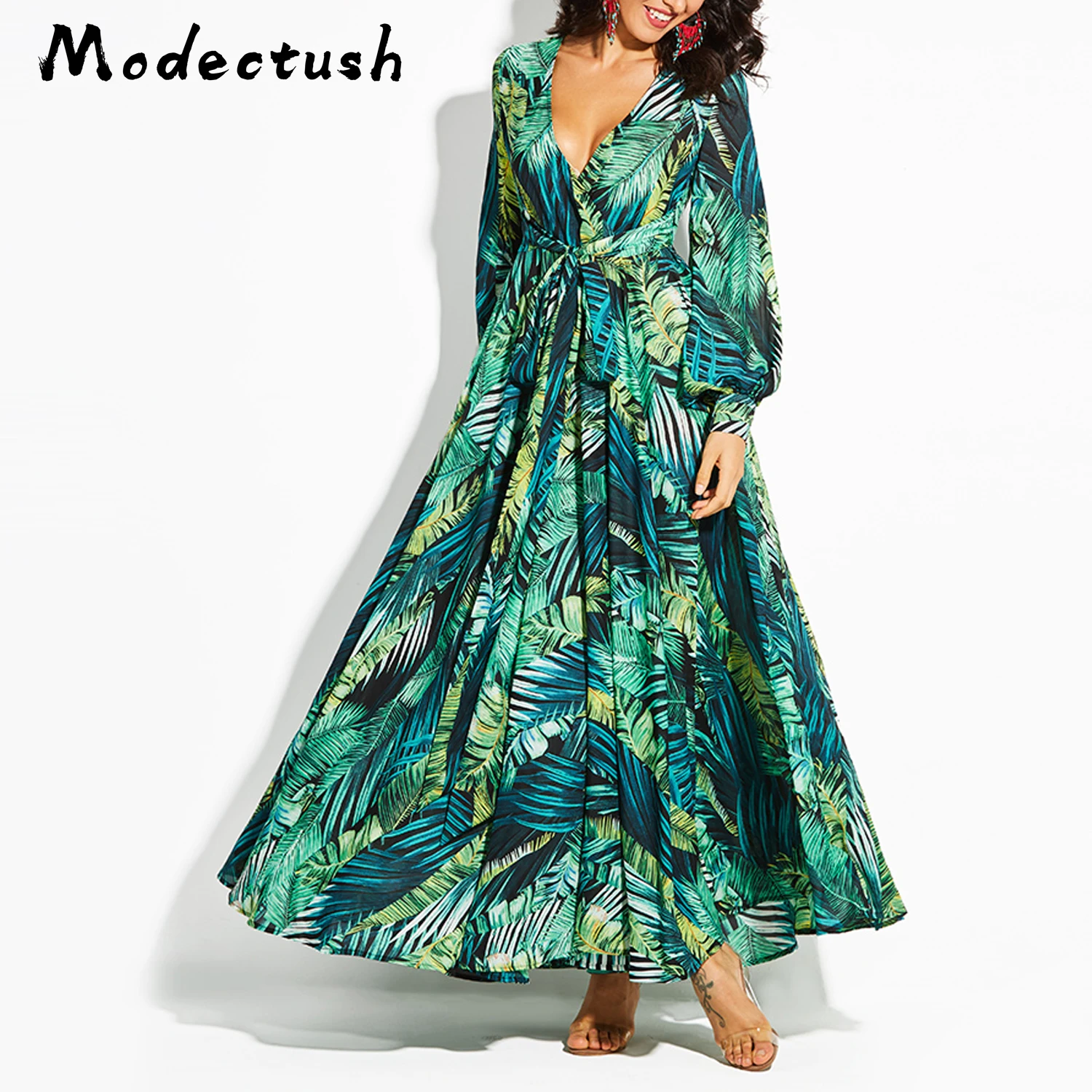 

MODECRUSH Women 2019 Summer Maxi Dress Bohemian Ladies Floral Flower Shirt V Neck Long Dresses Vacation Long Sleeve Lace Dress