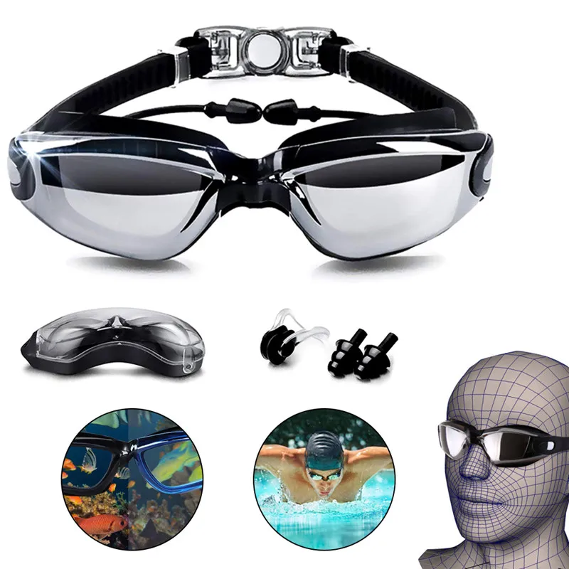 

Swimming Goggles Anti Fog UV Protection Electroplating Glasses No Leaking Triathlon Nose Clip Ear Plugs For Adult Men Women