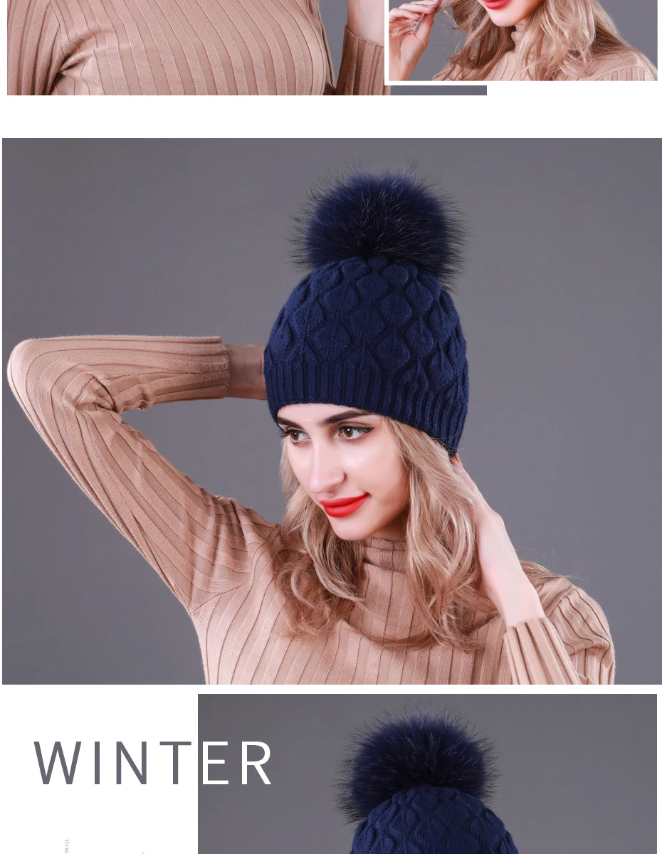 CNTANG Double layer Thick Wool Knitted Hats For Women Natural Raccoon Fur With Pompom Caps Winter Warm Ladies Fashion Beanies