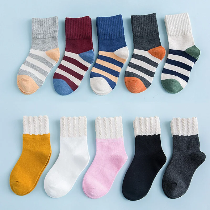 

5 Pair/Lot Children Socks Two Needle Craft Wide Side Design Anti Slip Deodorant Stripe Middle Tube Socks Stitching Color For Kid