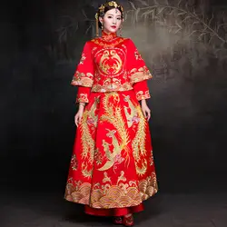 Восточный, Азиатский невесты красоты Китайский традиционный свадебный платье для женщин красный цветочный вышивка Cheongsam Халат длинный