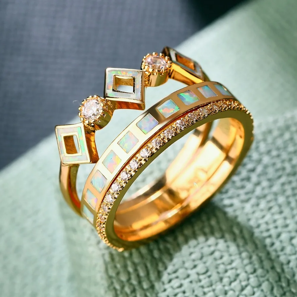 

ZHE FAN Luxury AAA CZ Cubic Zirconia & Fire Opal Ring Queen Crown Gold Color Plated Rings 3 Pcs For Female Christmas Party Gift