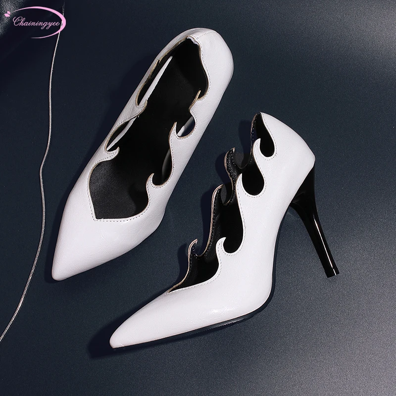 

European street style sexy pointed toe pumps fashion corrugated slip-on black white red high heels stiletto women's shoes