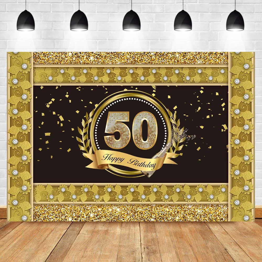 

NeoBack Happy 50th Birthday Backdrop Gold Border Diamond Photography Background Birthday Party Photo Booth Banner Decorations