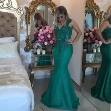 Dunkelgrün Spitze Meerjungfrau Abendkleider 2017 Schatz-wulstige Appliques Breite Bügel Lange Formale Abendkleid Partei-kleid EF52