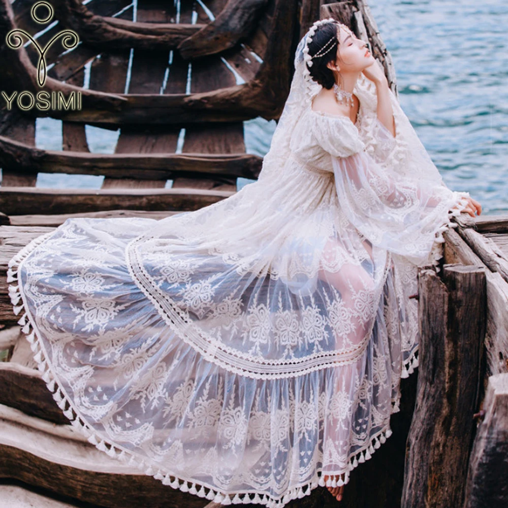 YOSIMI 2019 Summer Lace Long Women Dress Evening Party Maxi Vintage Lady White Off The Shoulder Floor-length Tassel Dress Tunic YOSIMI 2019 Summer Lace Long Women Dress Evening Party Maxi Vintage Lady White Off The Shoulder Floor-length Tassel Dress Tunic