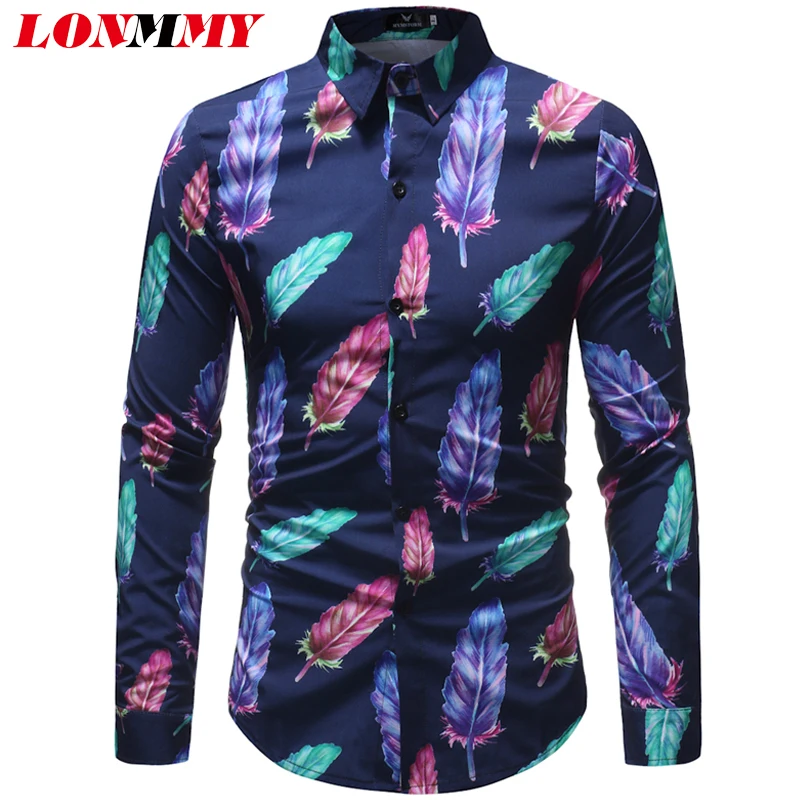 

LONMMY Mens shirts casual slim fit Feather print Long sleeve shirts men dress Camisa social masculina blouse men hawaii floral