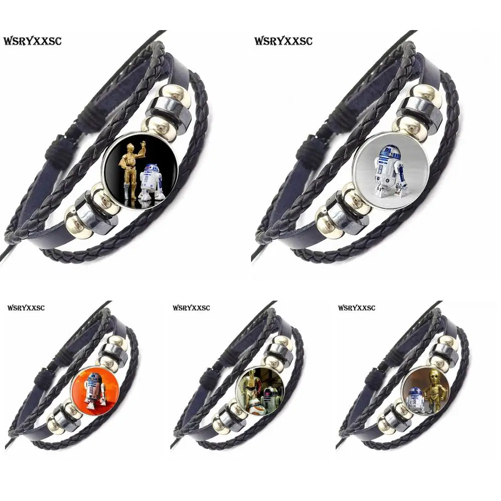 

Star Wars R2D2 and C-3PO Robots Star Wars For Girls New Brand Jewelry With Glass Caochon Black Leather Bracelet Bangle