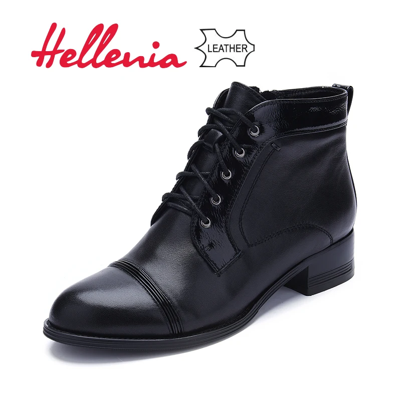 

Hellenia High Quality Genuine Leather ankle Boots for young girls Lace-up zip new fashion low heels shoes black size 35-38