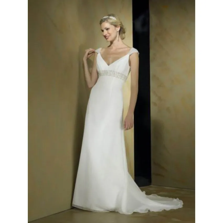 A-line V-neck Beading Short Sleeves Brush Train Chiffon Wedding Dresses | Свадьбы и торжества