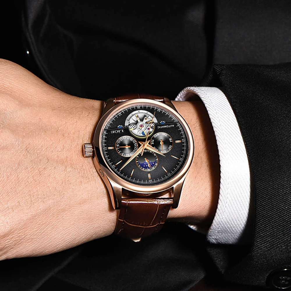 LIGE Brand Men Watches Automatic Mechanical Watch Tourbillon Sport Clock Leather Casual Business Retro Wristwatch Relojes Hombre