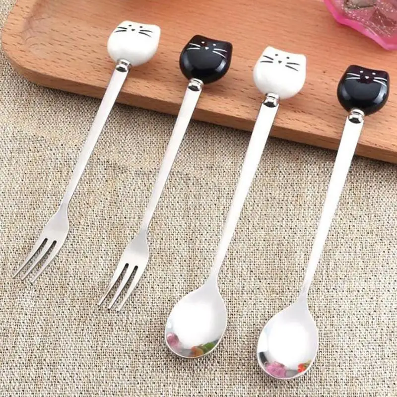 2PCS Cute Cat Fork Spoon Cartoon Ceramic Spoon Small Stainless Steel