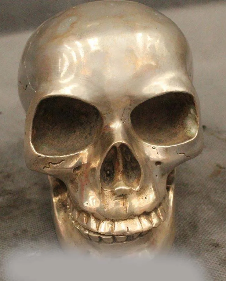 

4"China Chinese Sillver Lifelike Skull Head By Gamble Statue