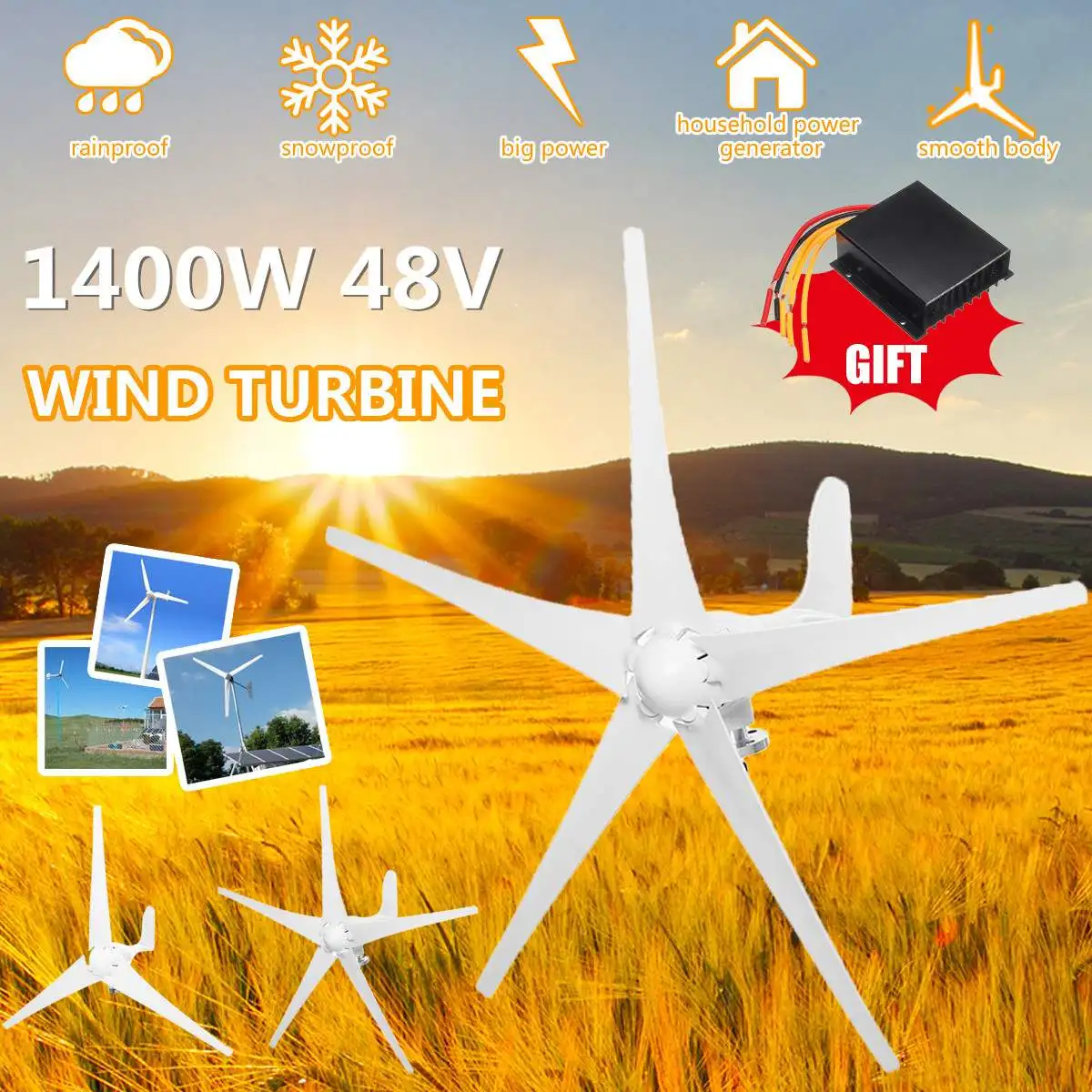 

1400W Wind Turbines Generator 12V/24V 3/5 Blades Horizontal Wind Generator With Controller Windmill Energy Turbines Charge