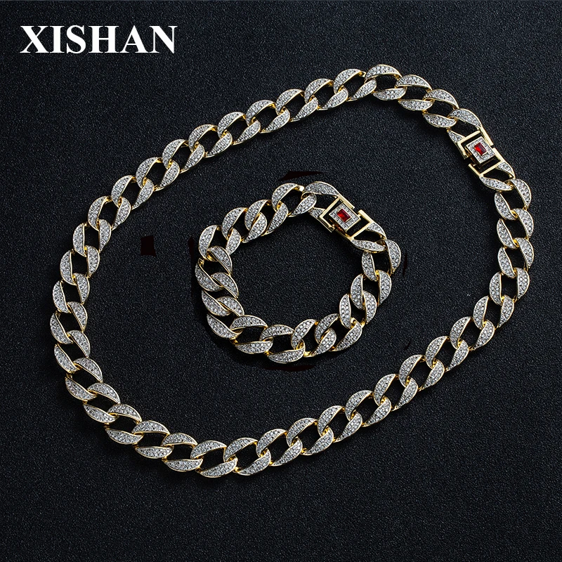 

Men's Mixed Color Miami Cuban Chain with Bracelet Necklace Set Hip hop Jewelry Copper Material CZ Button Link 16-24inch