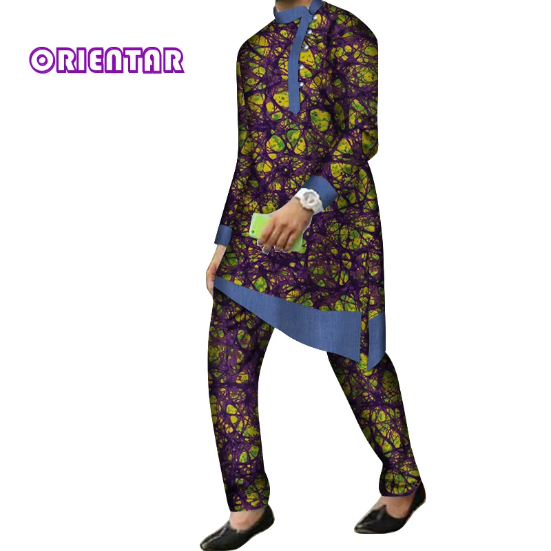 2 Pieces Set Men African Clothes Long Sleeve Shirt and Pants Traditional African Bazin Riche Print Dashiki Suit Trousers WYN844