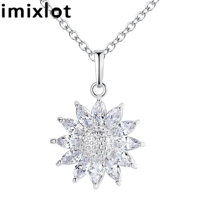 

imixlot Sunflower Charm Necklaces Silver/Gold Color Copper Rhinestone Pendant & Link Chain Women Jewelry