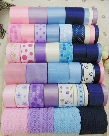 

24 Yards Dots Checks Lace Pink Light Blue Printed Grosgrain Satin Ribbon Set Mixed Webbing Decoration Tapes Hairbow Accessories
