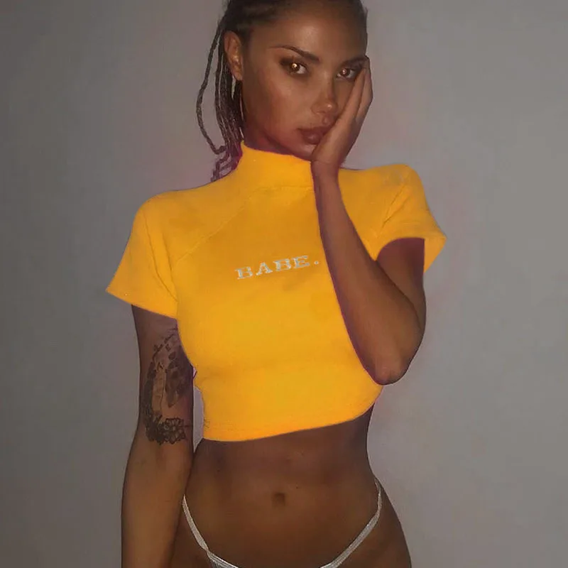 

2019 Sexy Letter Embroidery Knitting Ribbed T Shirt Women Turtleneck Fluorescent Color Crop Tops Tees Girls Summer Slim Outwear