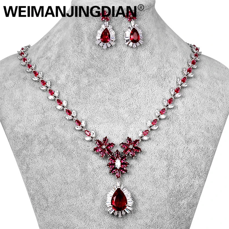 

WEIMANJINGDIAN Assorted Colors Fuchsia Blue Green Flower and Teardrop Cubic Zirconia Wedding Bridal Jewelry Set