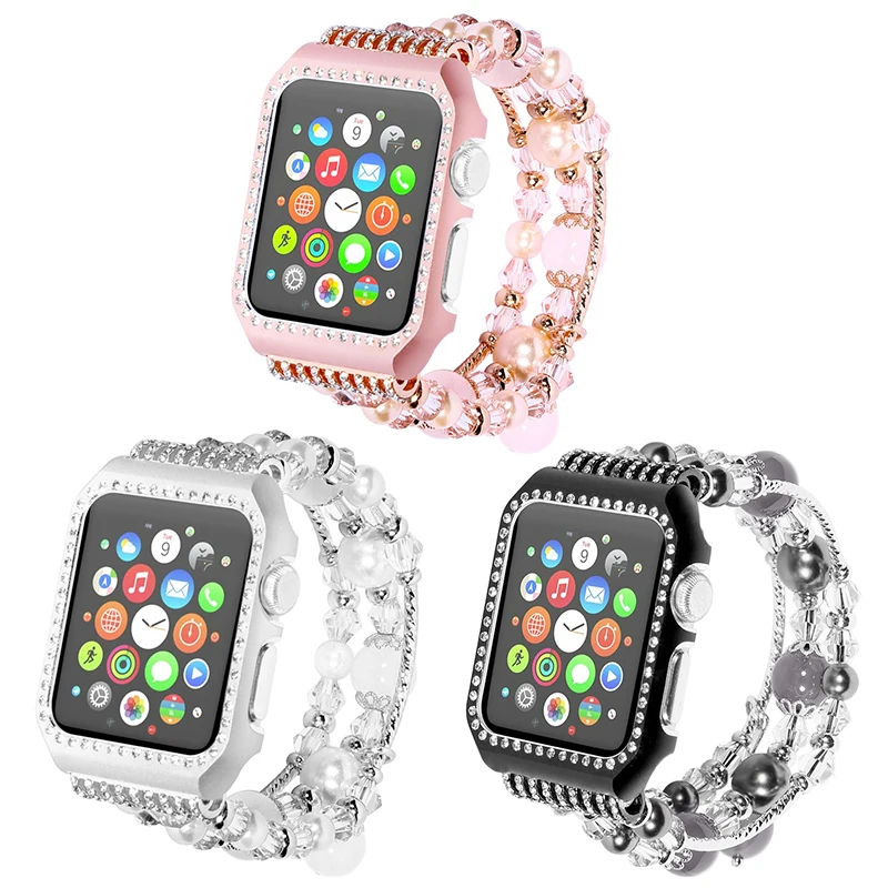 

Agate strap with frame band for Apple watch series 5 4 3 2 1 Handmade Beaded Elastic Bracelet Replacement Wrist Strap 38MM 42MM